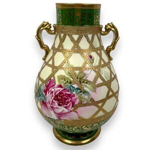 Antique Nippon Vase Hand Painted Gold Beaded Floral 1800s Cross Green Gold 12"